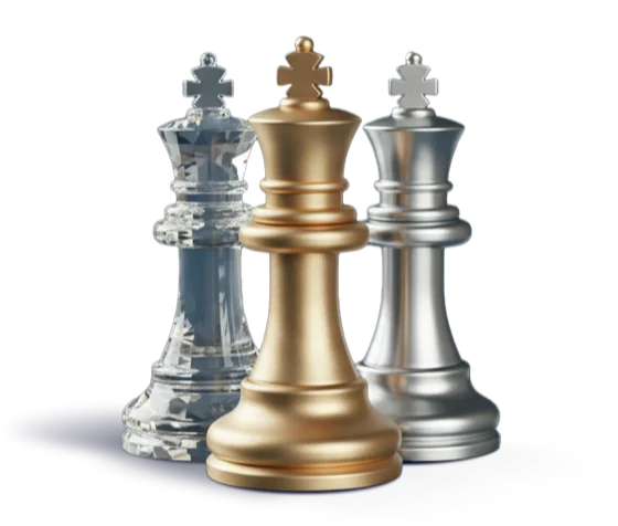 Three chess kings in glass, gold and silver