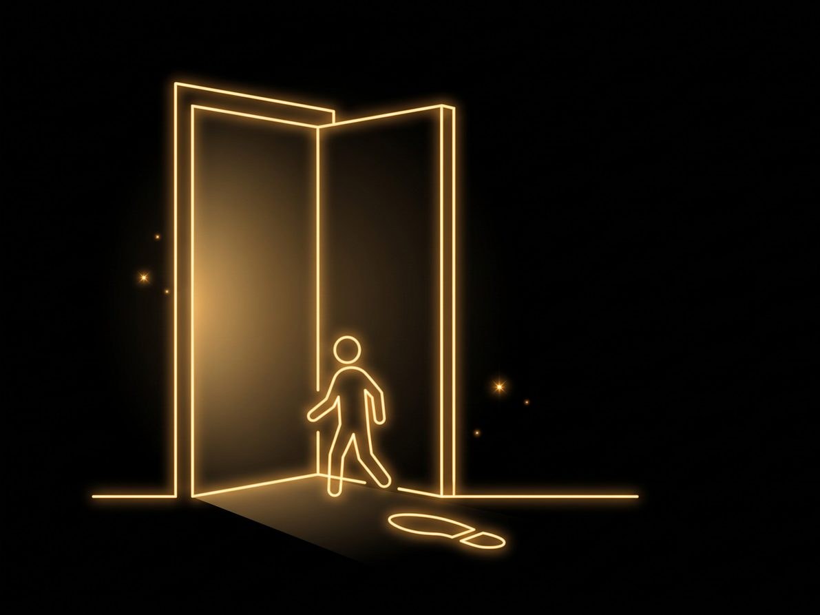 Figure stepping through an open door leaving a footprint, gold neon illustration on a black background