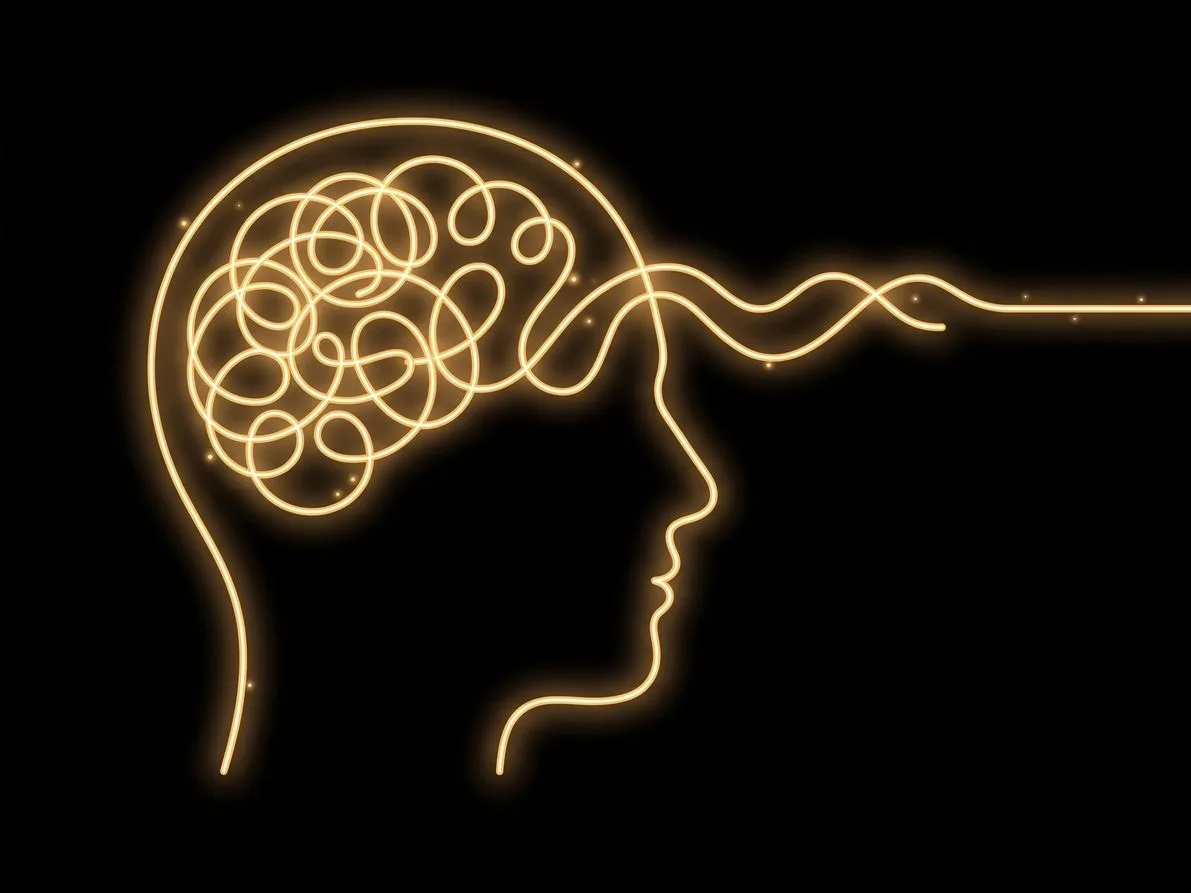 Profile of a head whose tangled thought unwinds into a straight line, gold neon illustration on a black background