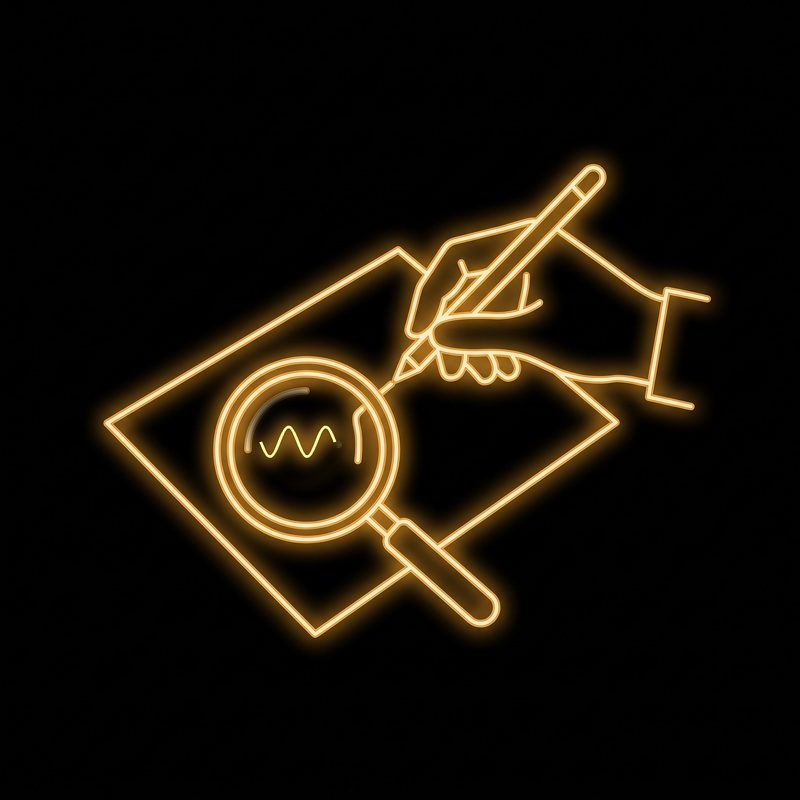 Hand writing on a document with a magnifying glass, gold neon illustration on a black background