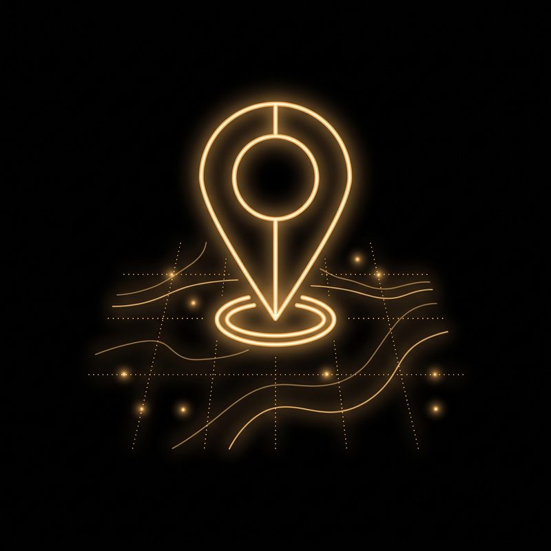 Map marker on a cartographic grid, gold neon illustration on a black background