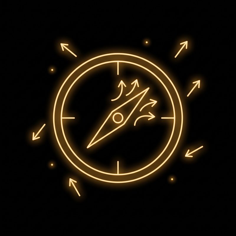 Compass with arrows turning scattered directions into one route, gold neon illustration on a black background