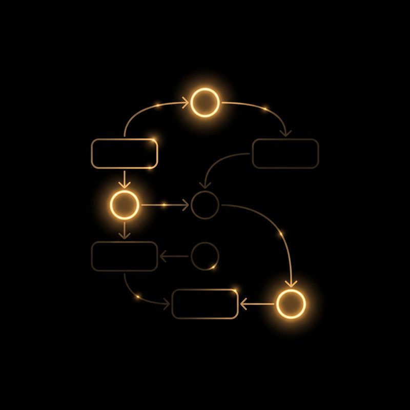 Flowchart with a few highlighted nodes, gold neon illustration on a black background
