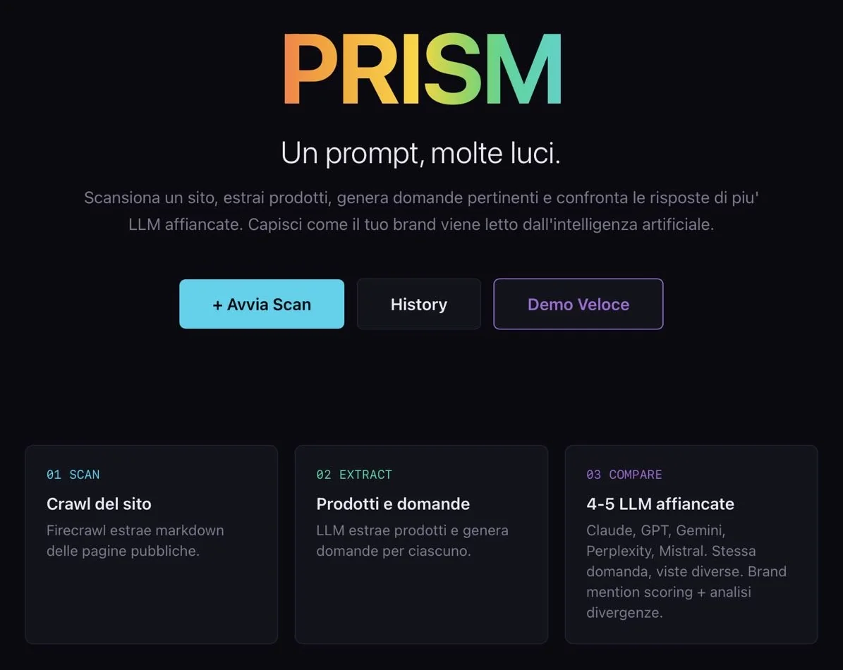 The PRISM home screen: the rainbow PRISM wordmark with the tagline &ldquo;Un prompt, molte luci&rdquo; and the three cards Scan, Extract, Compare: site crawl, products and questions, 4-5 AI models side by side