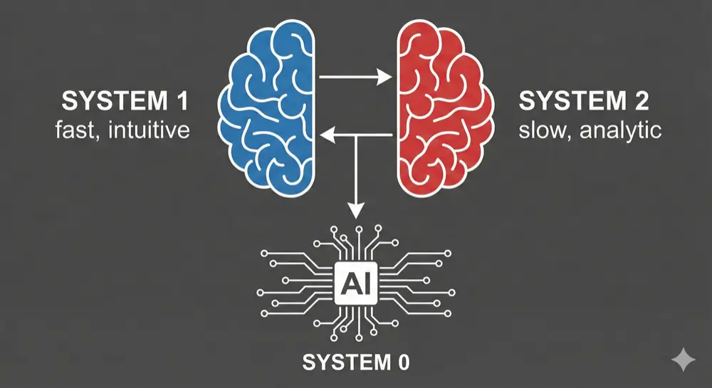Diagram of System 0: System 1 (fast, intuitive) and System 2 (slow, analytic) integrated with AI into the System 0 cognitive layer
