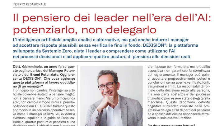 Prima pagina dell’inserto redazionale sul pensiero dei leader nell’era dell’AI, con una foto di Giovanni Giamminola