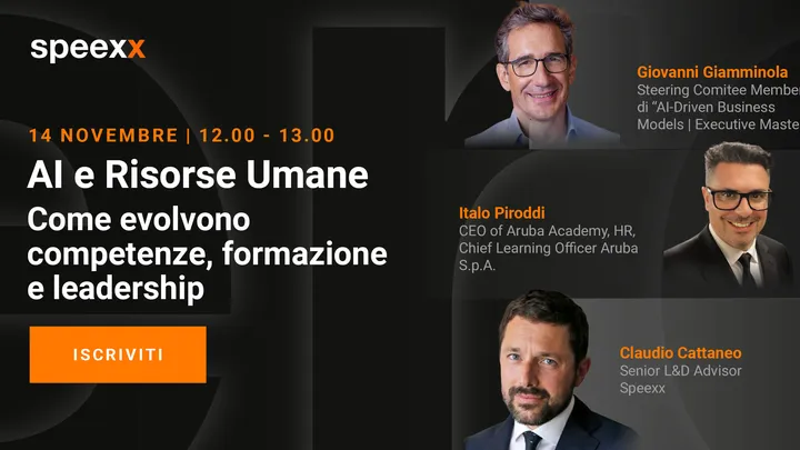 Cover image of the Speexx webinar on AI and Human Resources, with the speakers
